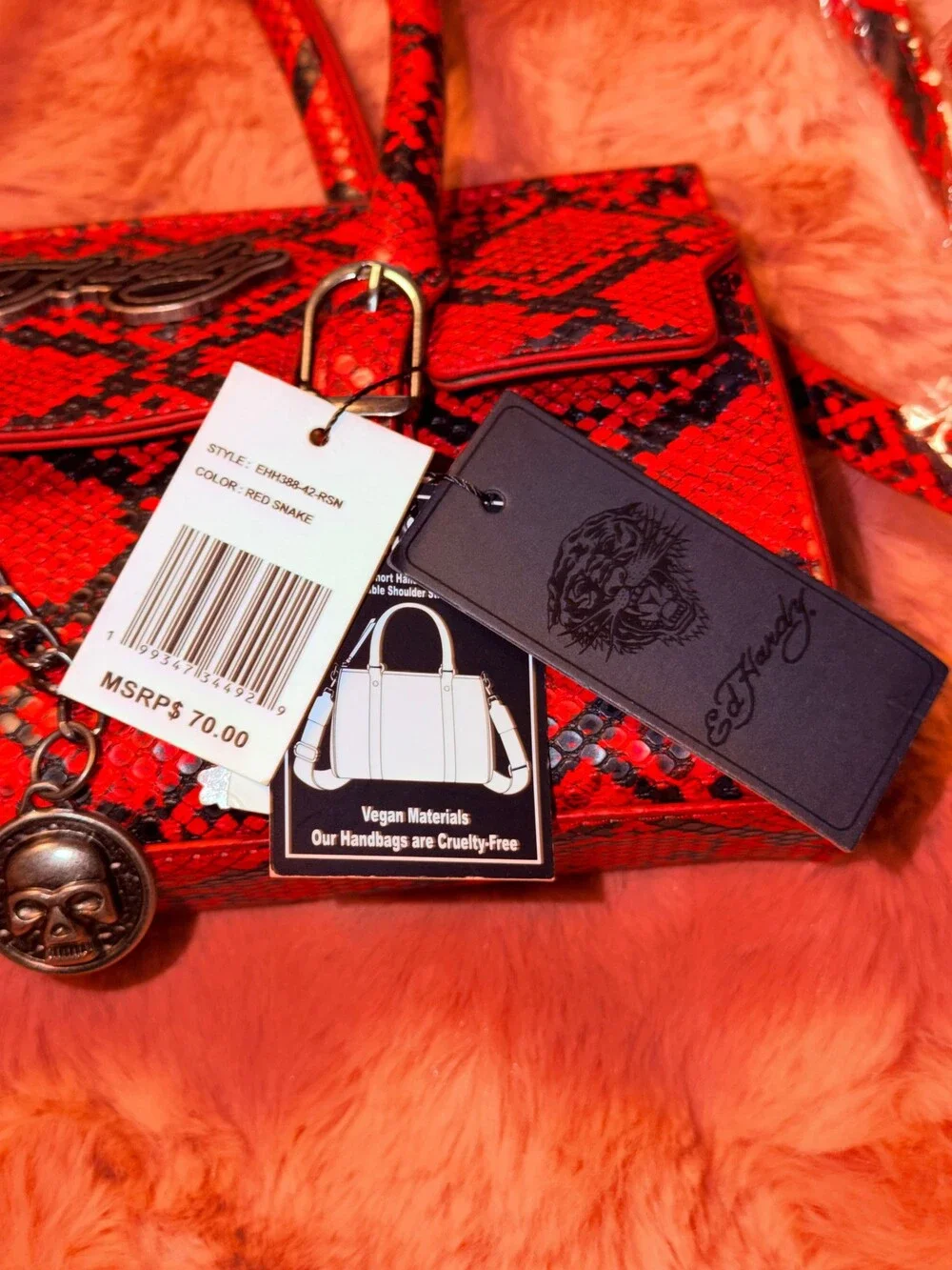 Ed Hardy Red Snake Satchel Crossbody Bag Snakeskin Print Purse NWT